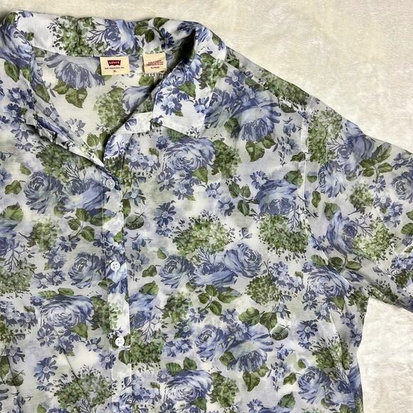 Levi's Spring Floral Blouse Women's XL Pale Blue Green Sheer Pastel White Easter - Picture 2 of 9